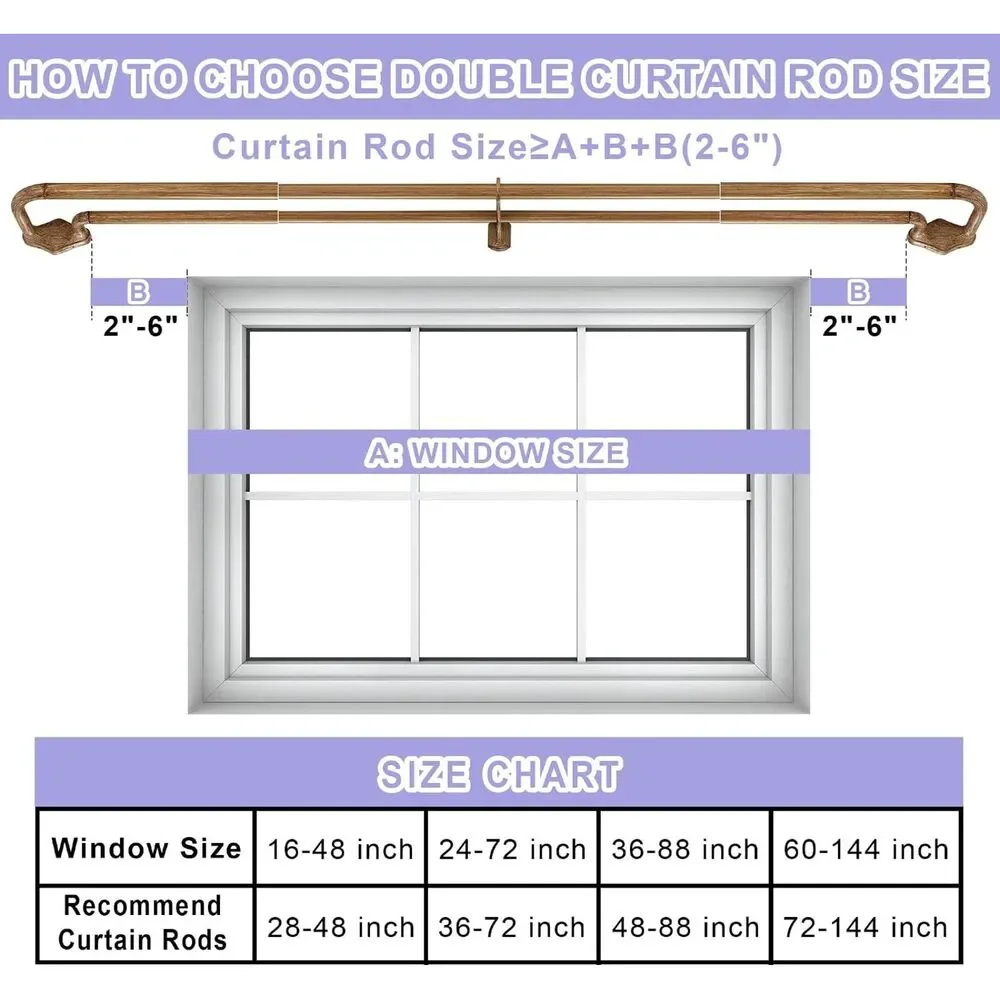 Brown Wood Grain Double Curtain Rods For Windows 72-144